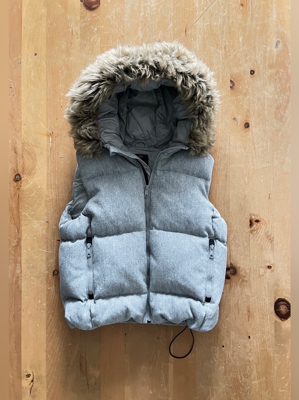GAP Wool Down Feather Puffer Vest Faux Fur Hood Large EUC